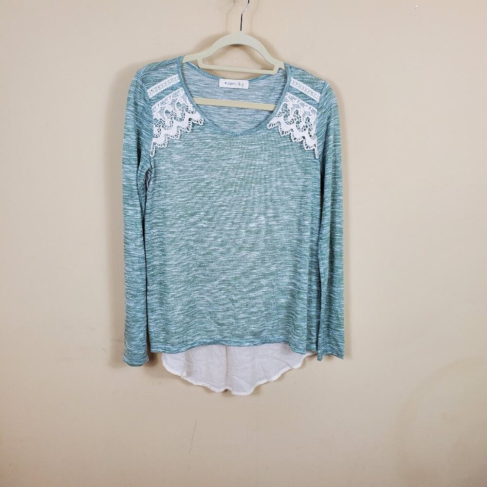 Moon & Sky Green Heather Long Sleeve Crochet High-lo Top Size S